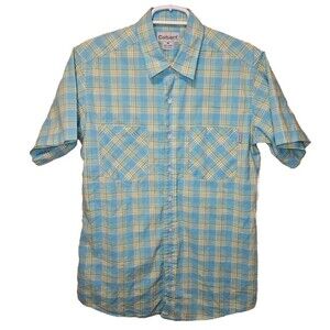 Carhartt Shirt Mens Size M Medium Blue Short Sleeve Plaid Blue Button Up Logo